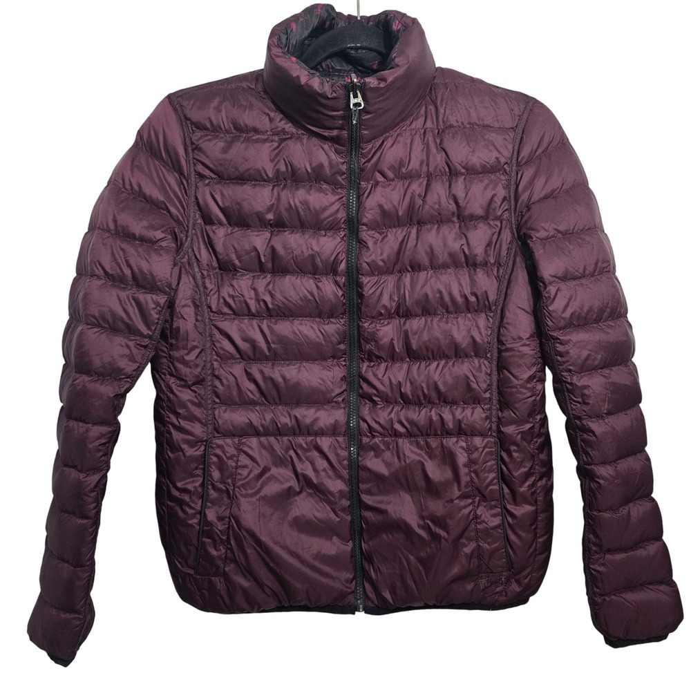 Tumi Reversible Puffer Jacket Womens Plum Burgundy Floral Down Fill‎ 015818